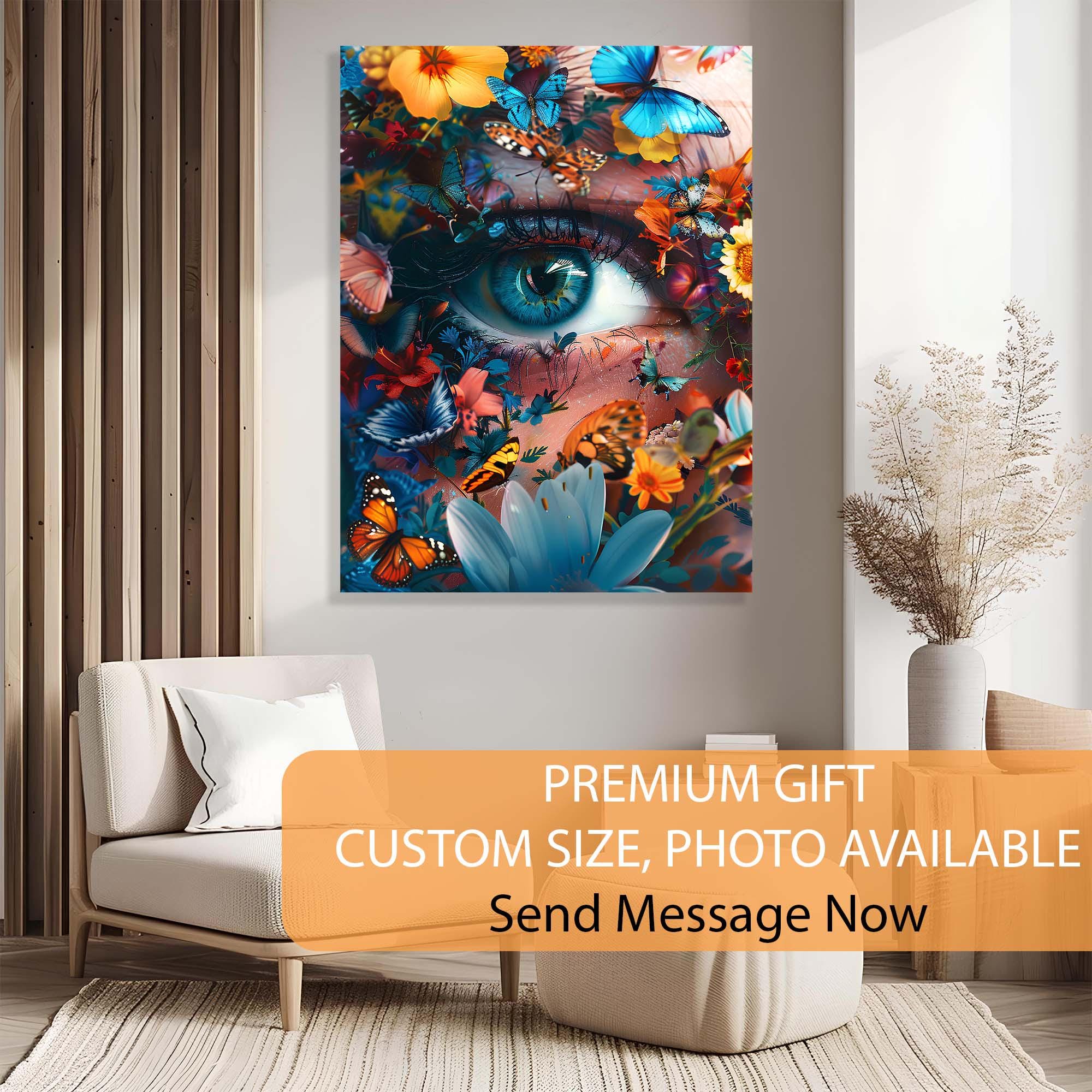 Butterfly Garden Eye Tempered Glass Wall Art | Surreal Botanical Decor