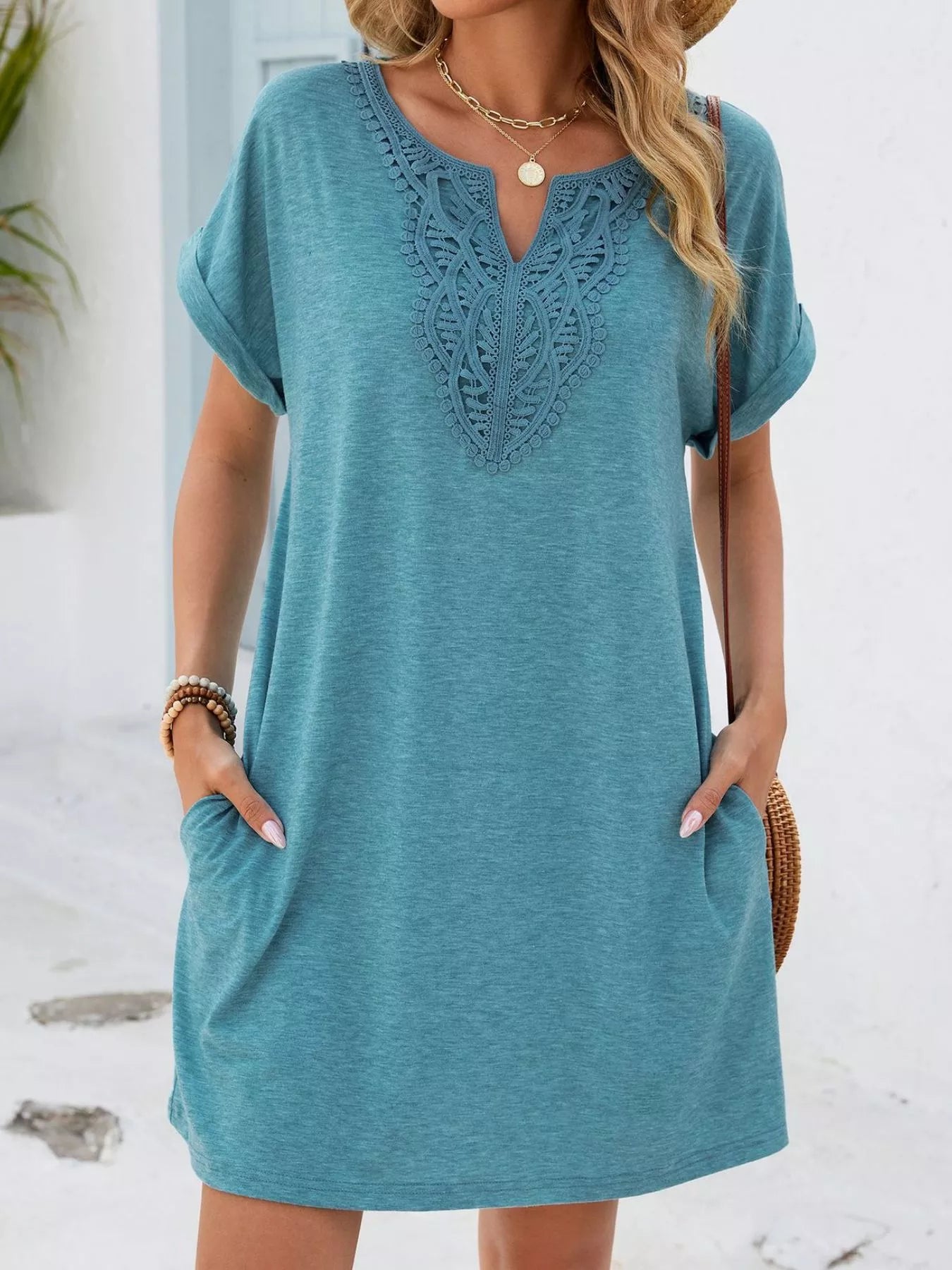 Lace Trim Notched Short Sleeve Dress