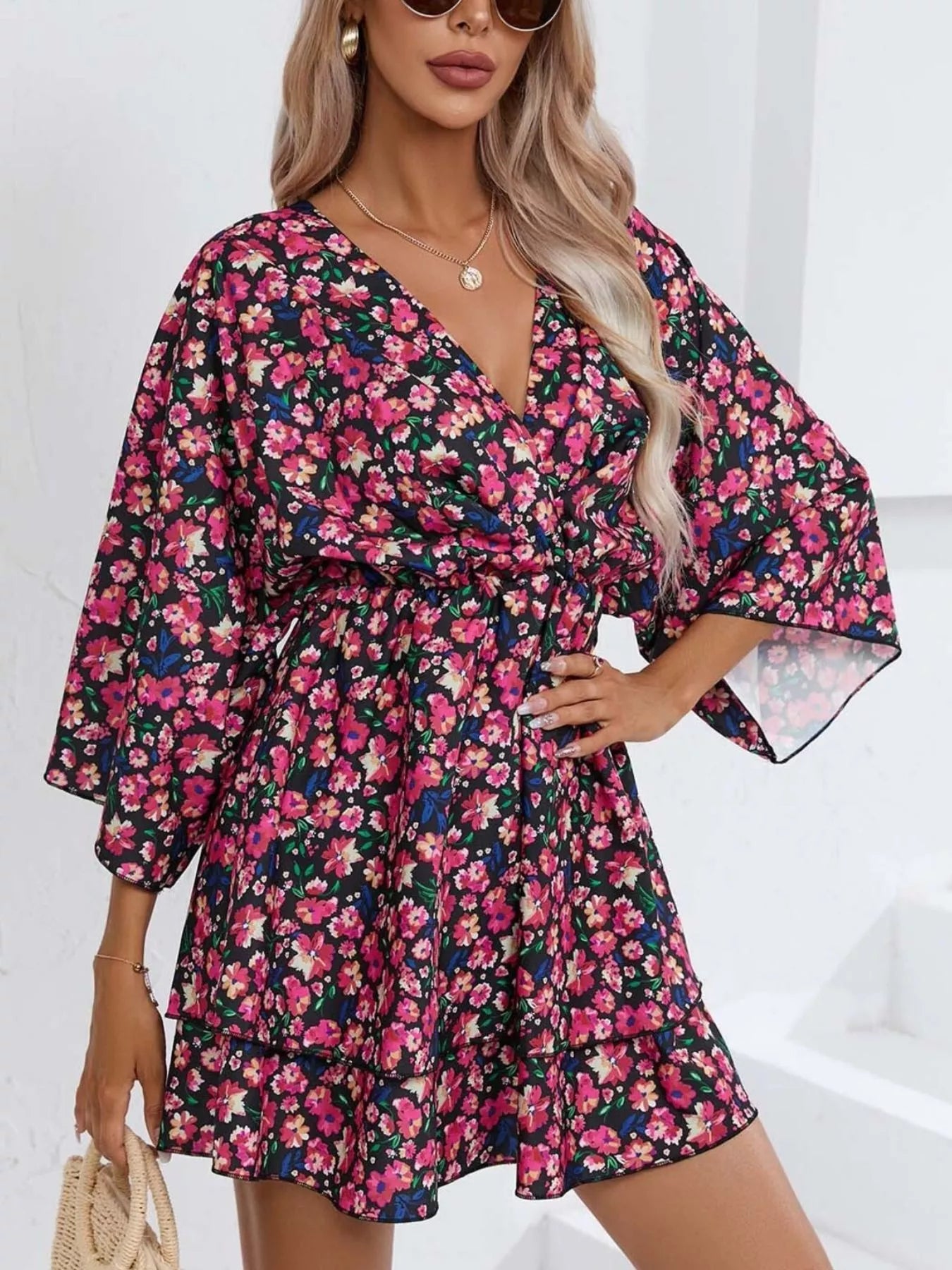 Floral Print Layered Ruffle Hem Mini Dress