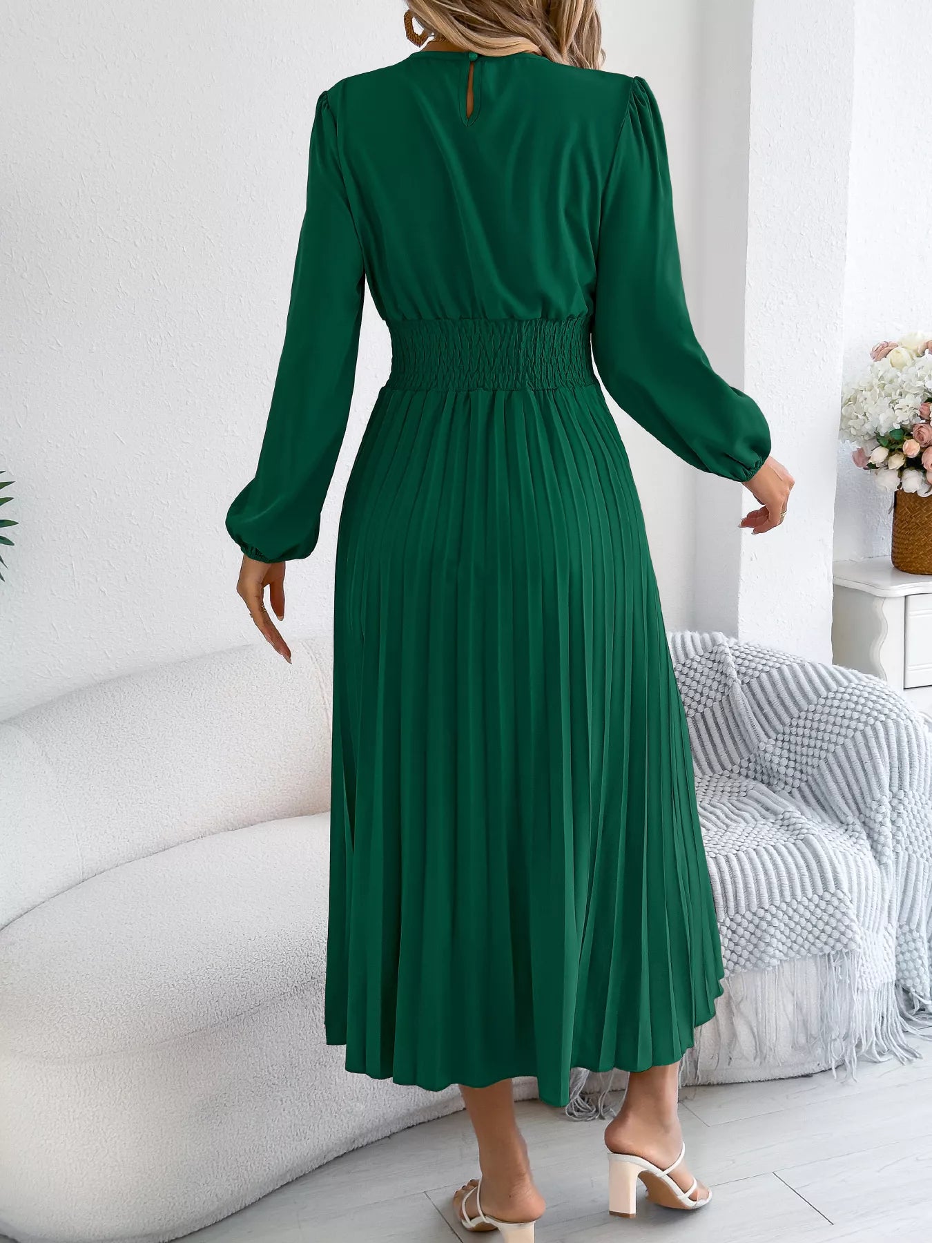 Smocked Pleated Long Sleeve Midi Dress