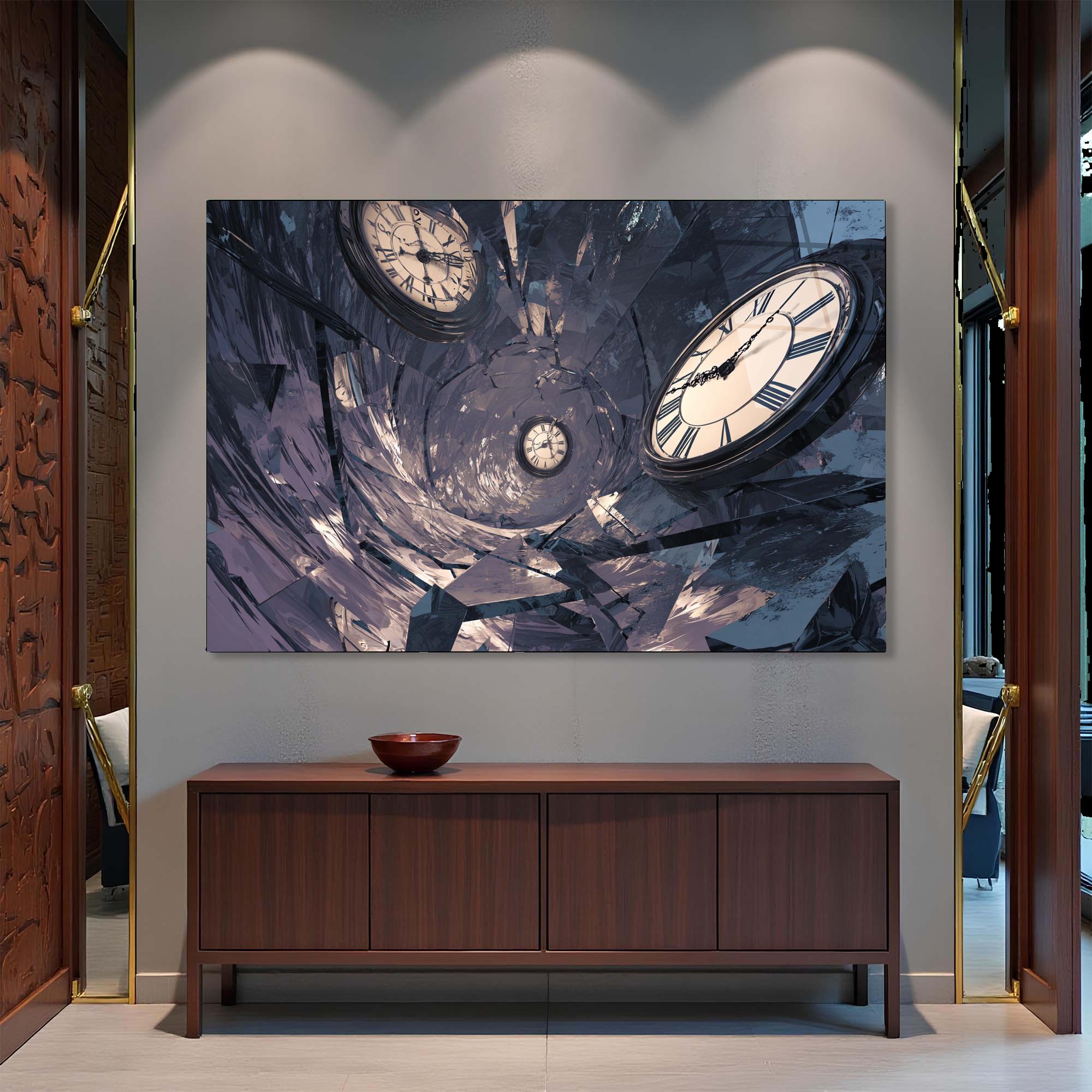 Surreal Clock Tempered Glass Wall Art | Time Vortex Tunnel Decor