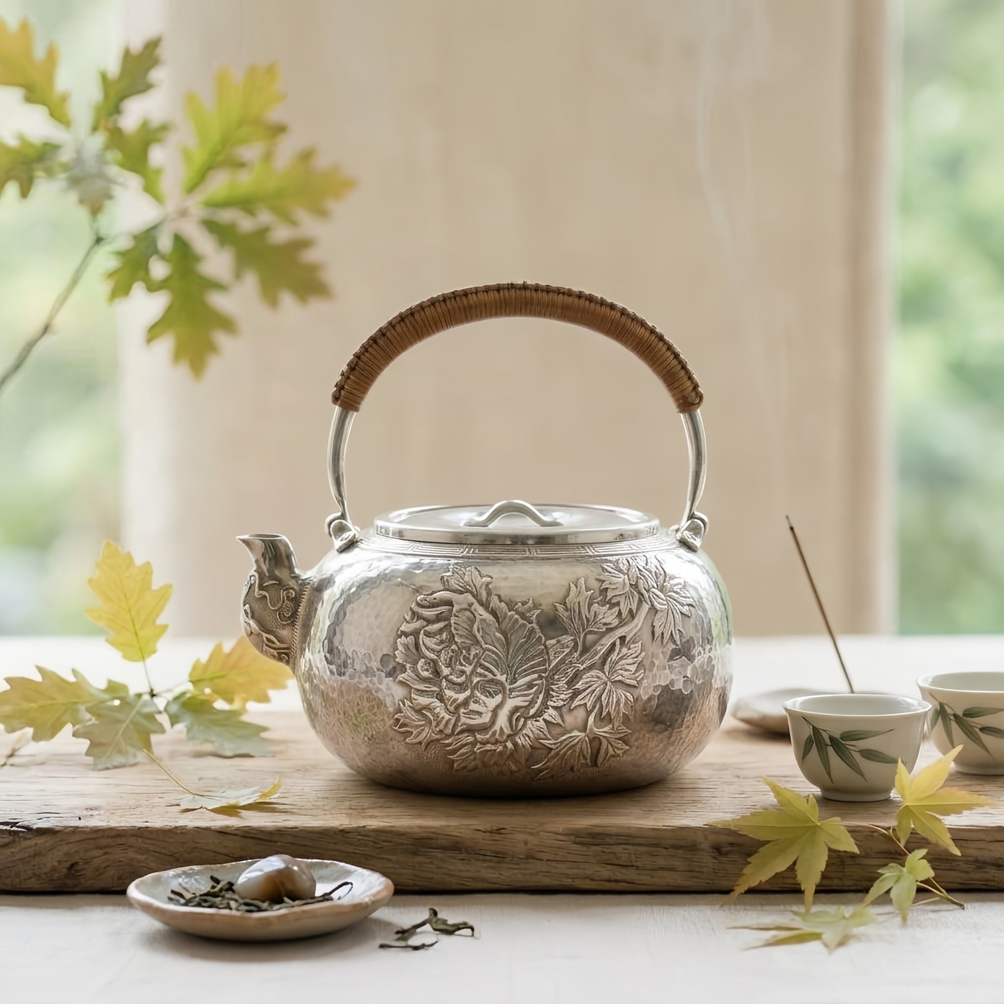 925 Sterling Silver Handcrafted Sterling Silver Floral Teapot with Woven Bamboo Handle and Hammered Texture - Handicraft