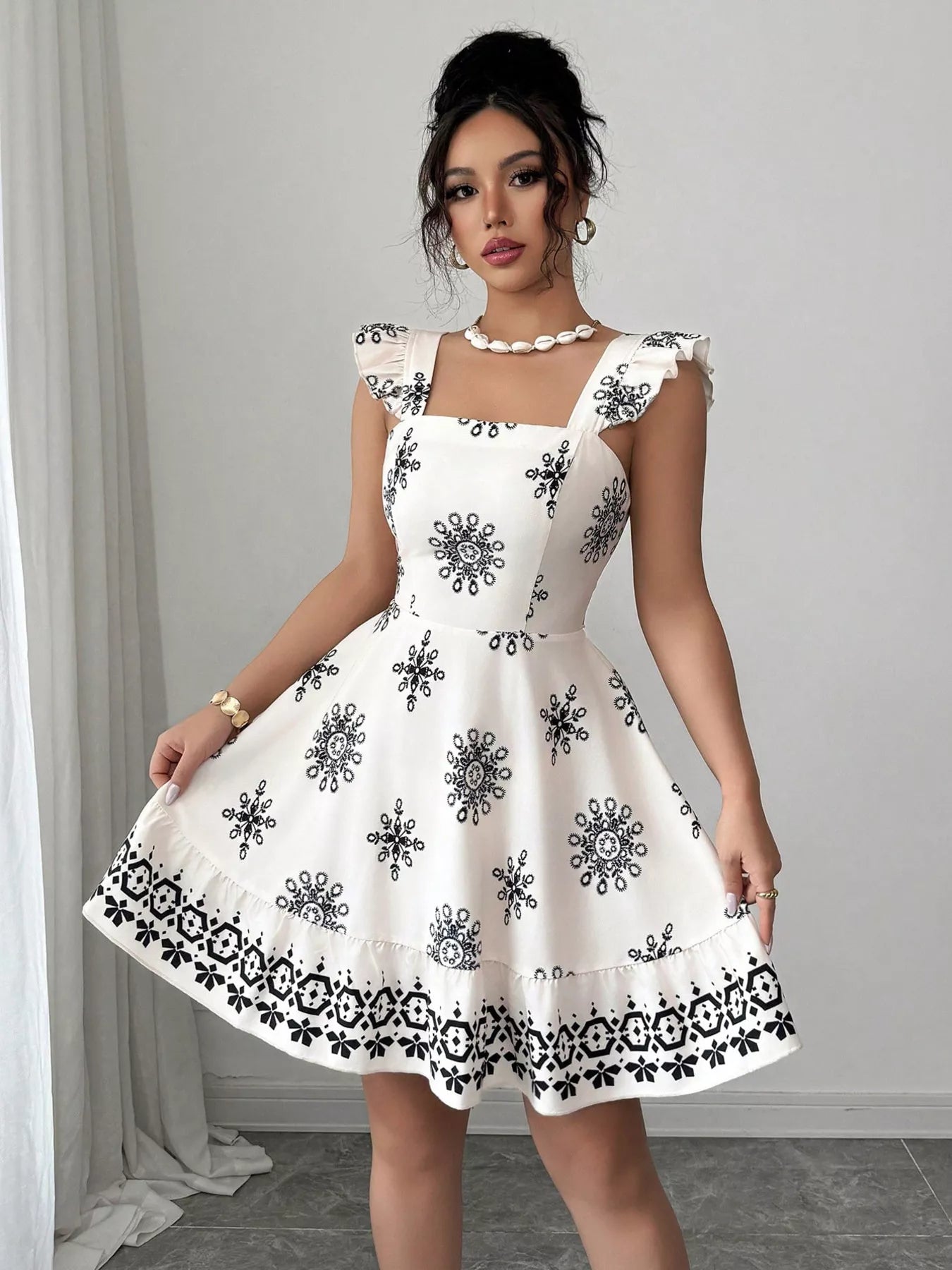 Printed Bow Back Square Neck Mini Dress