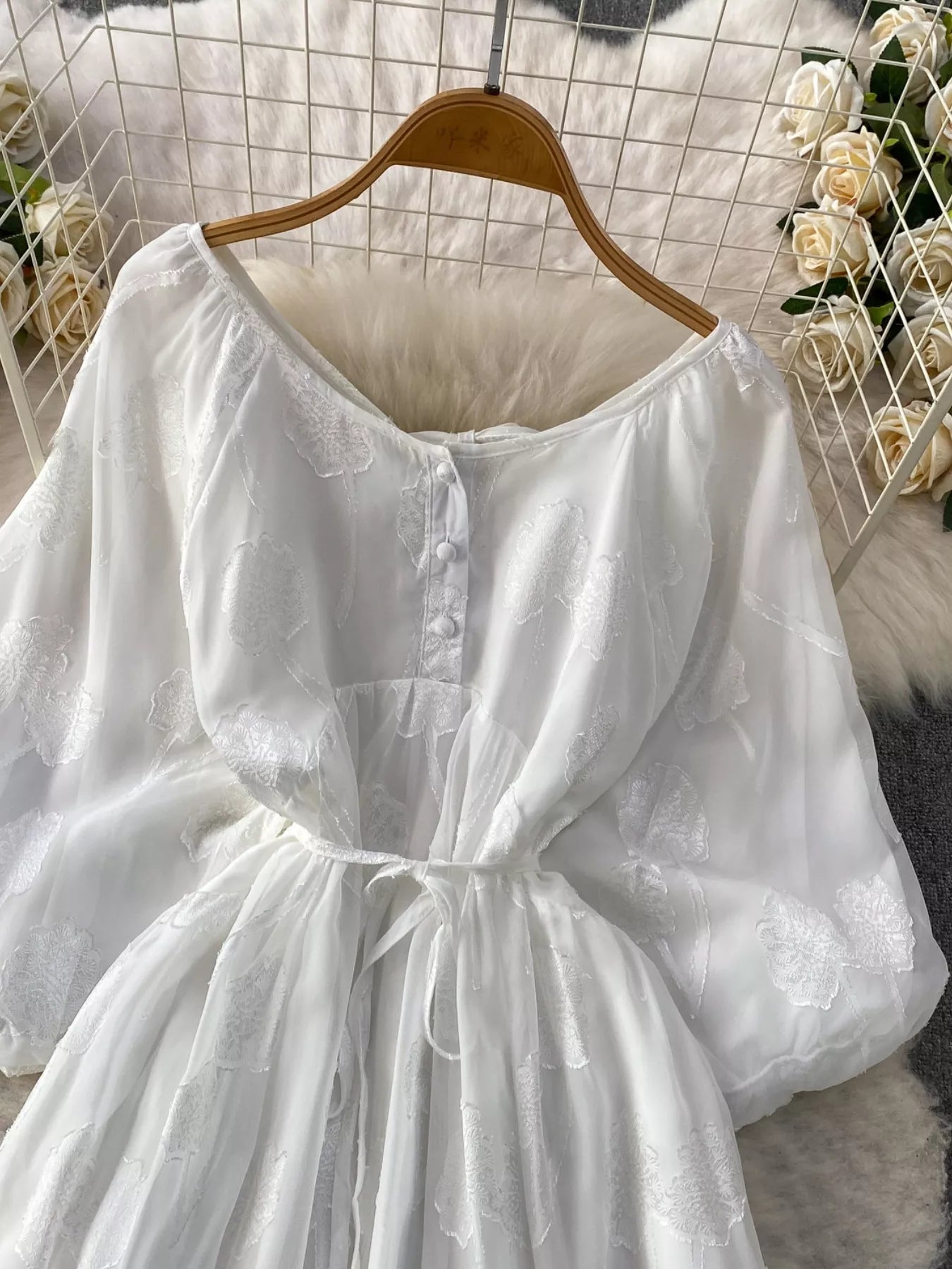 Button Front Puff Sleeve Chiffon Dress