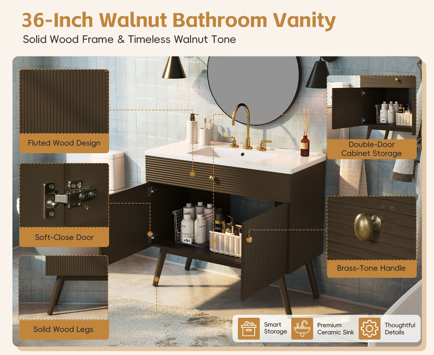 36" Luxury Striped Bathroom Vanity, Soft-Close Dual-Door Storage & Premium Ceramic Sink