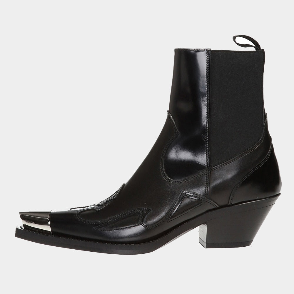 Spring Autumn Women Short Boots Genuine Leather Metal Pointed Toe Chunky Heels Fashion Rivet Boots