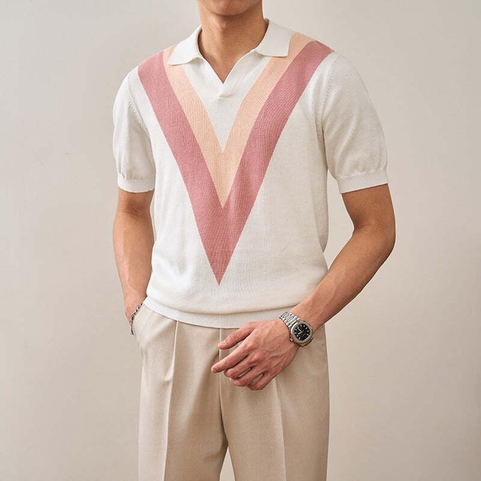 V-neck contrasting splicing knitted polo shirt