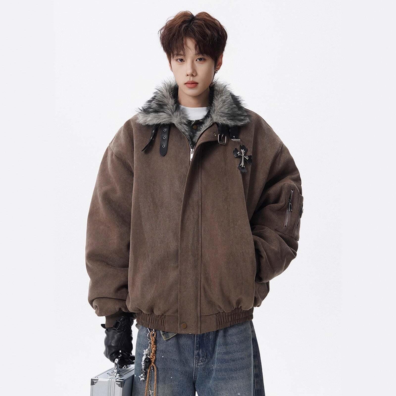 Cross Mountain Eagle Fur-Collar Cotton Coat for Men, Winter Fleece-Lined Thick Warm Cotton Jacket, High-End Style