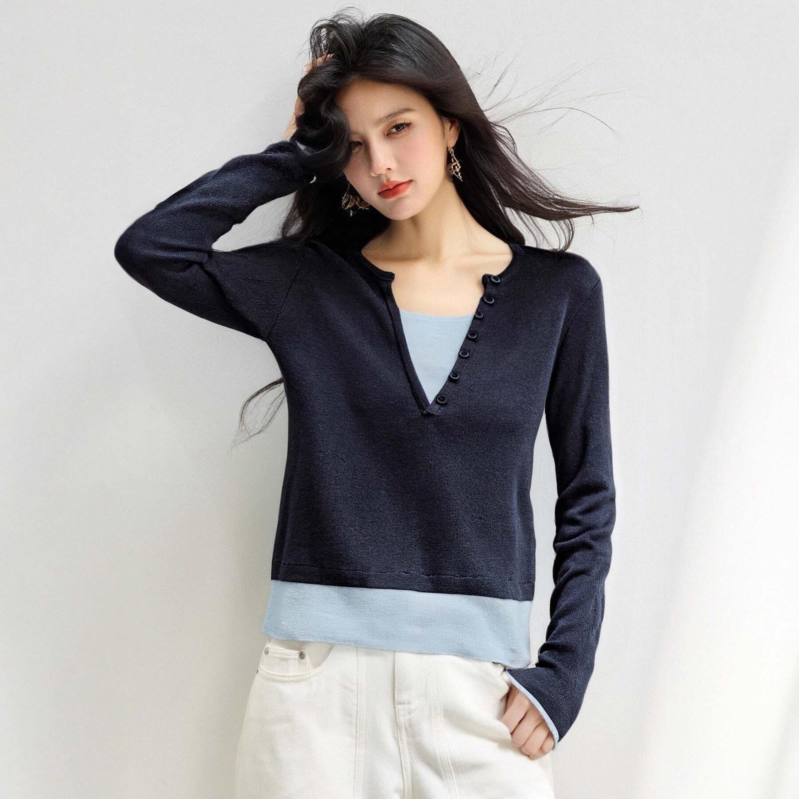 Fashion Style Color Block Sleeve Length Round Neck Knitwear MaterialSoft Cashmere-like Fabric Fit Type