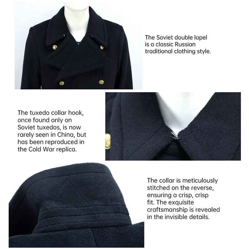 Replica Soviet Navy M69 Officer's Winter Overcoat - Black 12-Button Wool Melton Long Coat