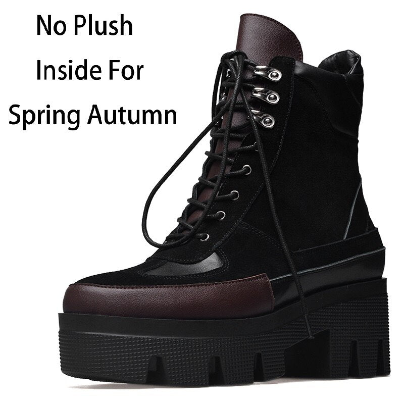 Winter Cow Leather Lace-up Women Chunky Platform Genuine Leather Ankle Boots Spring Autumn Real Leather Short Boots