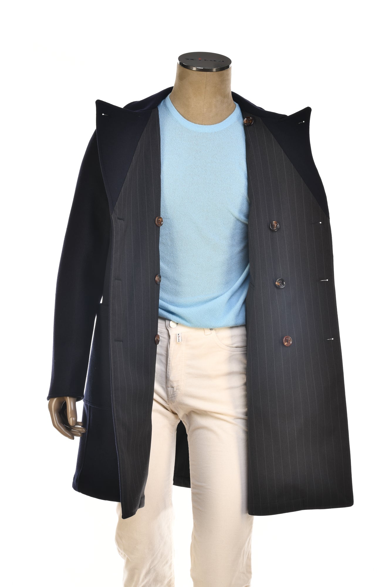 Kired Gyala Solid/ Pinstripe Nylon-Virgin Wool Double-Breasted Reversible Overcoat