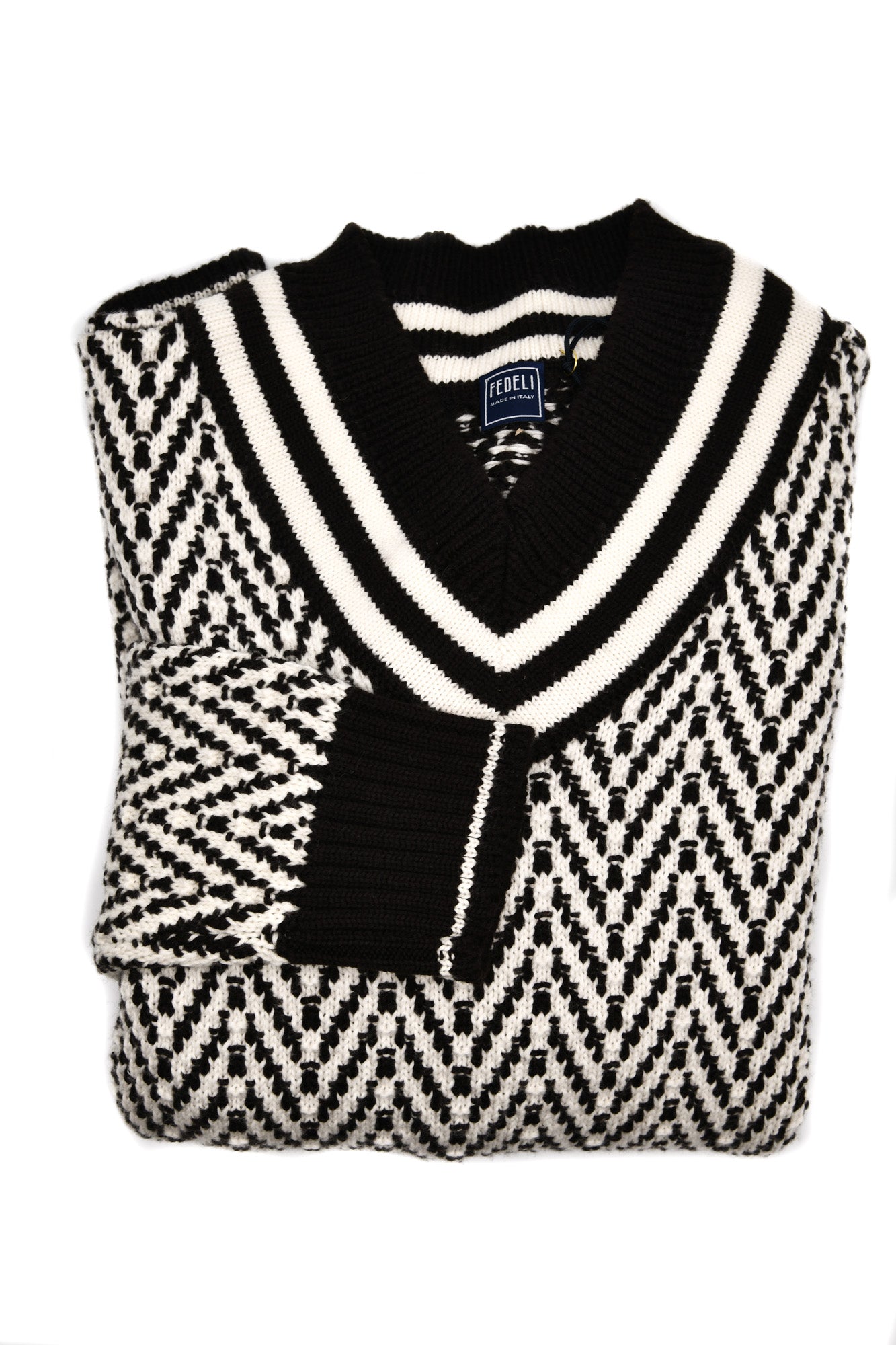 Fedeli Herringbone Virgin Wool V-Neck Knit Sweater
