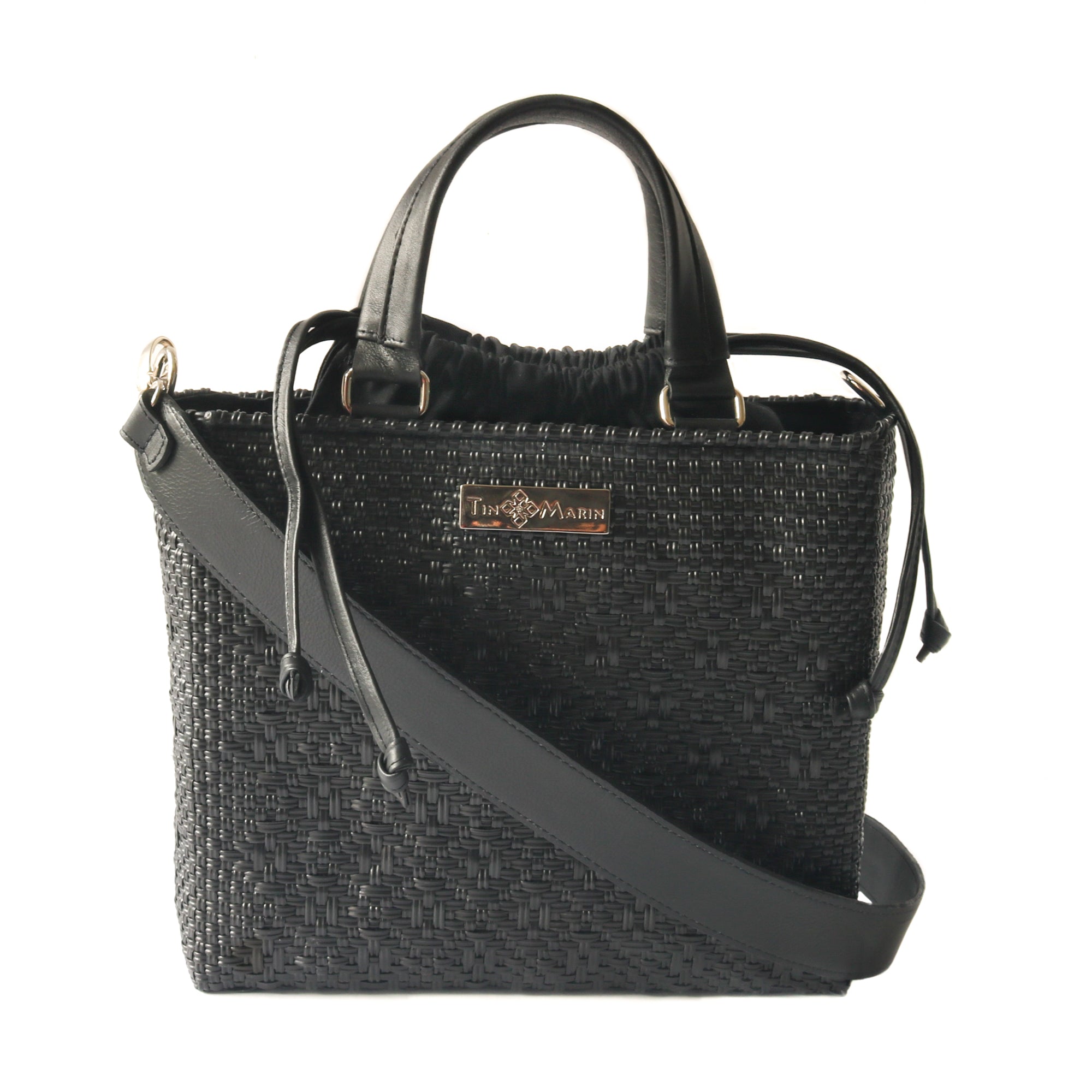 All Black Medium Woven Crossbody Drawstring Bag