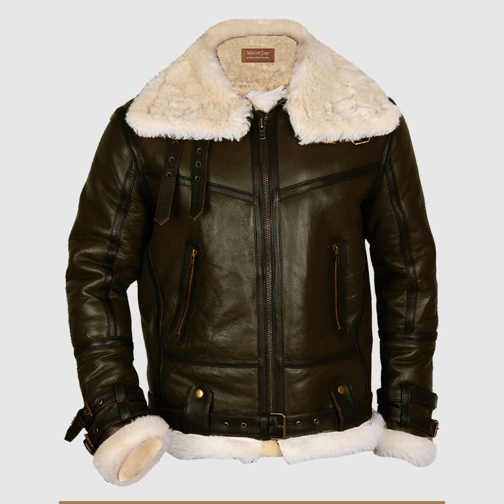Army Green Men’s B3 Bomber Shearling Leather Jacket