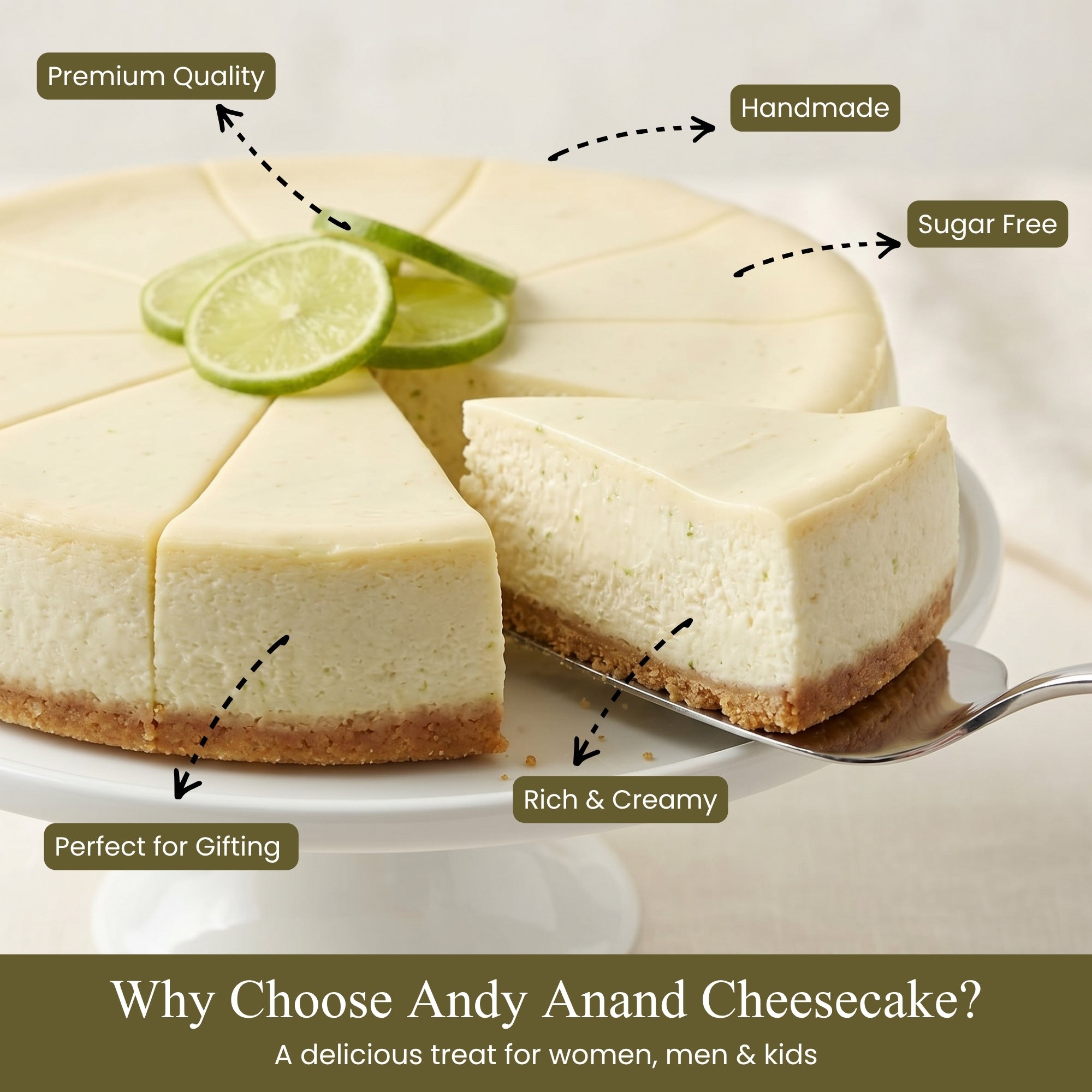 Andy Anand Key Lime Cheesecake, 9-Inch, 2 lb – Creamy Citrus Dessert, Real California Cream Cheese, Fresh Eggs, Birthday & Celebration Gift