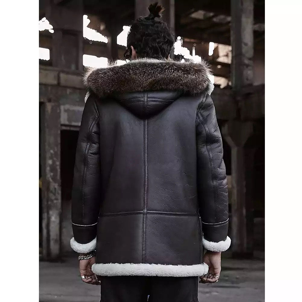 B3 Bomber Jacket Hooded Leather Shearling Coat for Men – Brown