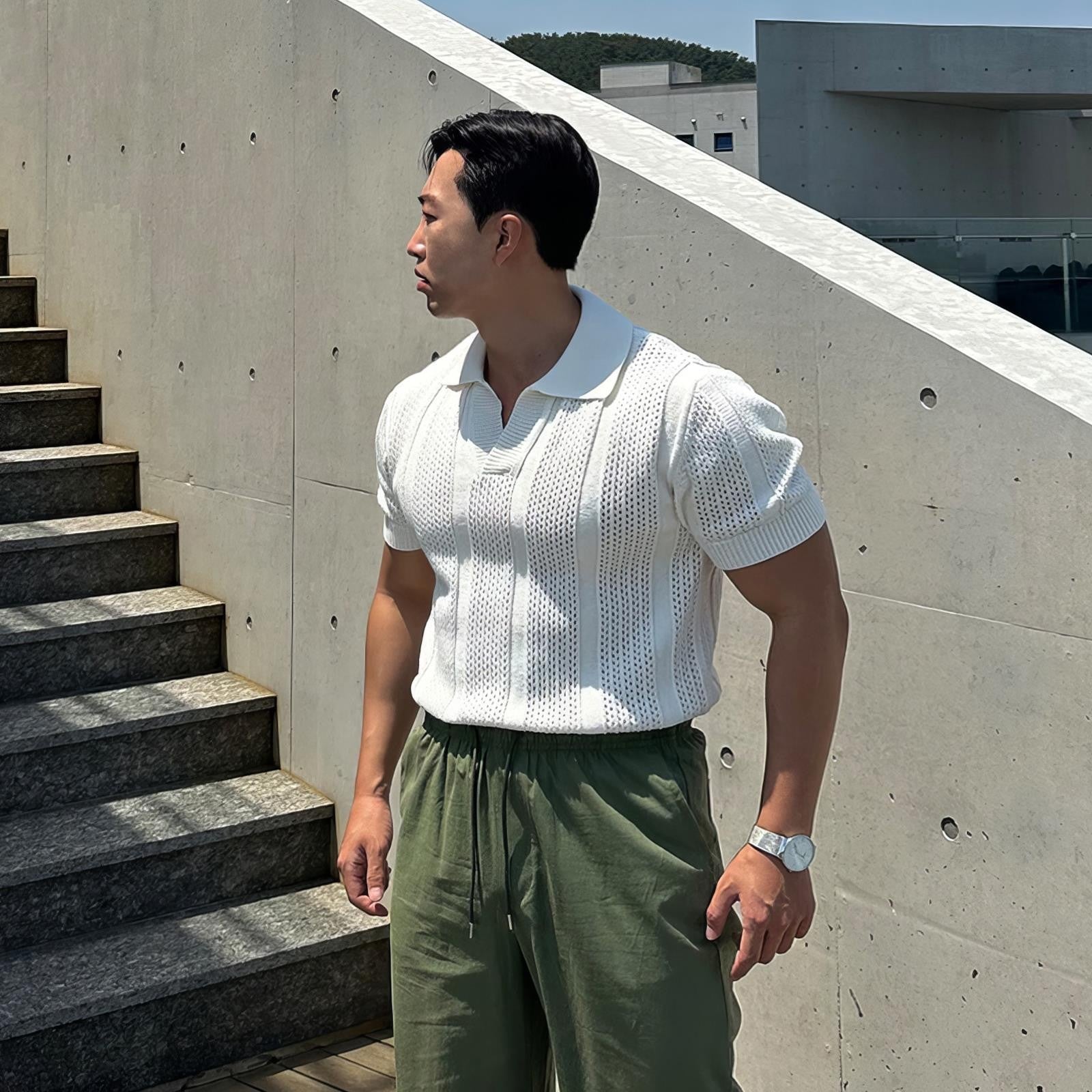 Textured Mesh Knit Polo Shirt