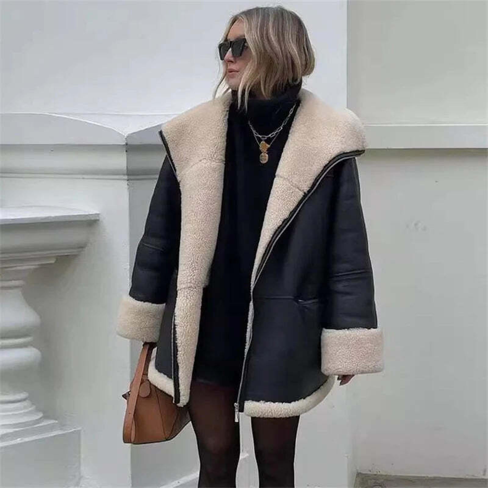 Autumn and winter New women's Cashmere collar composite leather jacket y2k high Quality ComfortableWarm Casual HighCollar Jacket