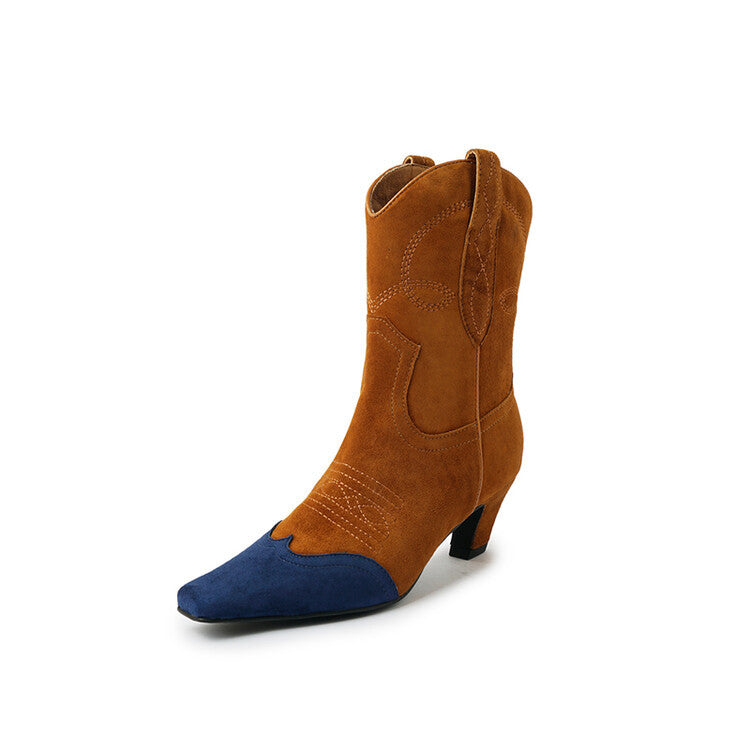 Color Blocking Designer Short Boots Genuine Leather High Heel Shoes Crystal Square Toe Ladies Western Boots