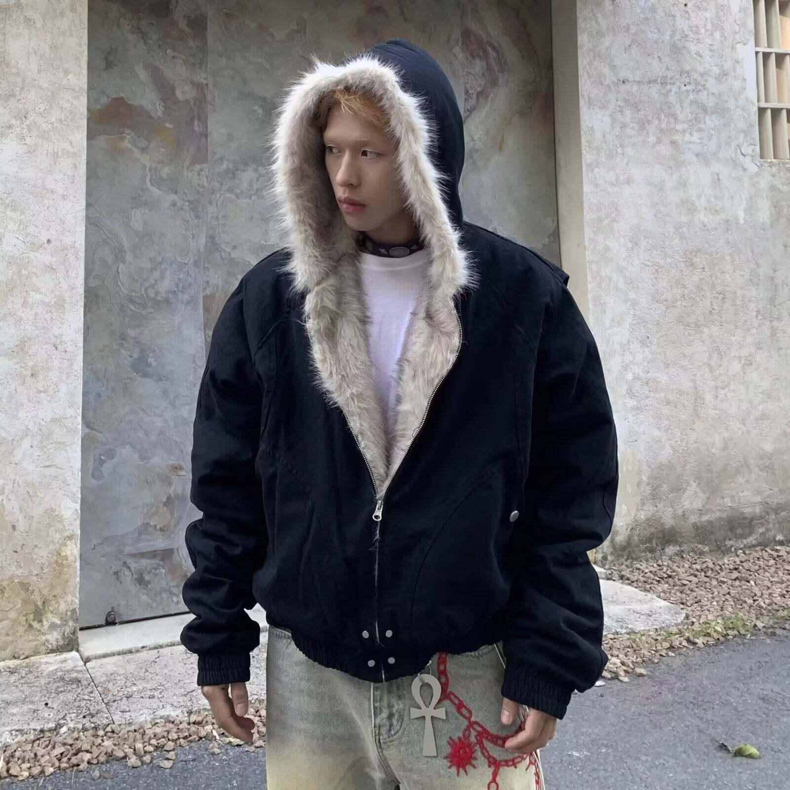 Retro Short Hooded Wool-Lined Jacket for Men