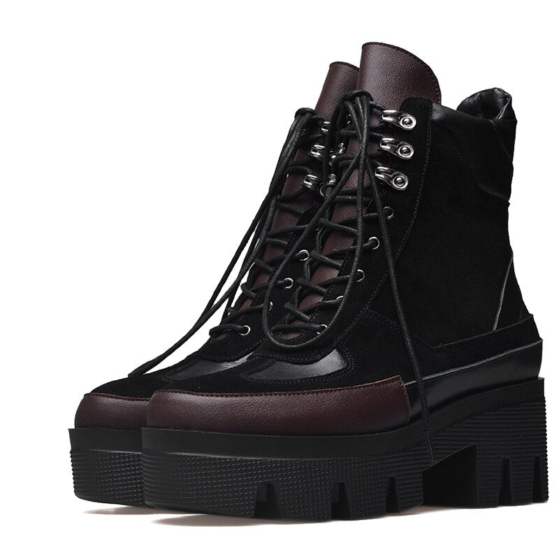 Winter Cow Leather Lace-up Women Chunky Platform Genuine Leather Ankle Boots Spring Autumn Real Leather Short Boots