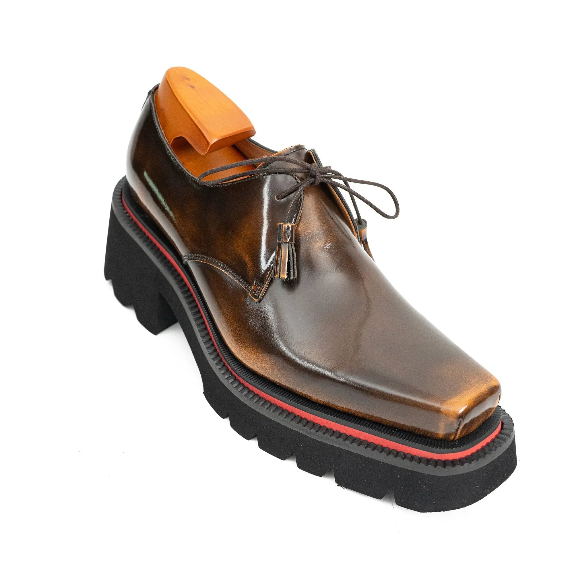 Brown Patent Leather Chunky Sole Derby Shoes