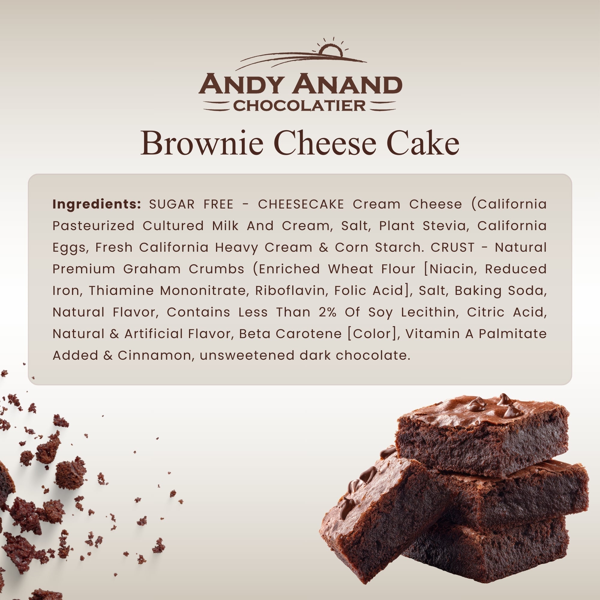 Andy Anand Fudge Brownie Cheesecake, 9-Inch, 2.8 lb – Halal, Real California Cream Cheese, No Preservatives, Birthday & Holiday Gift Box