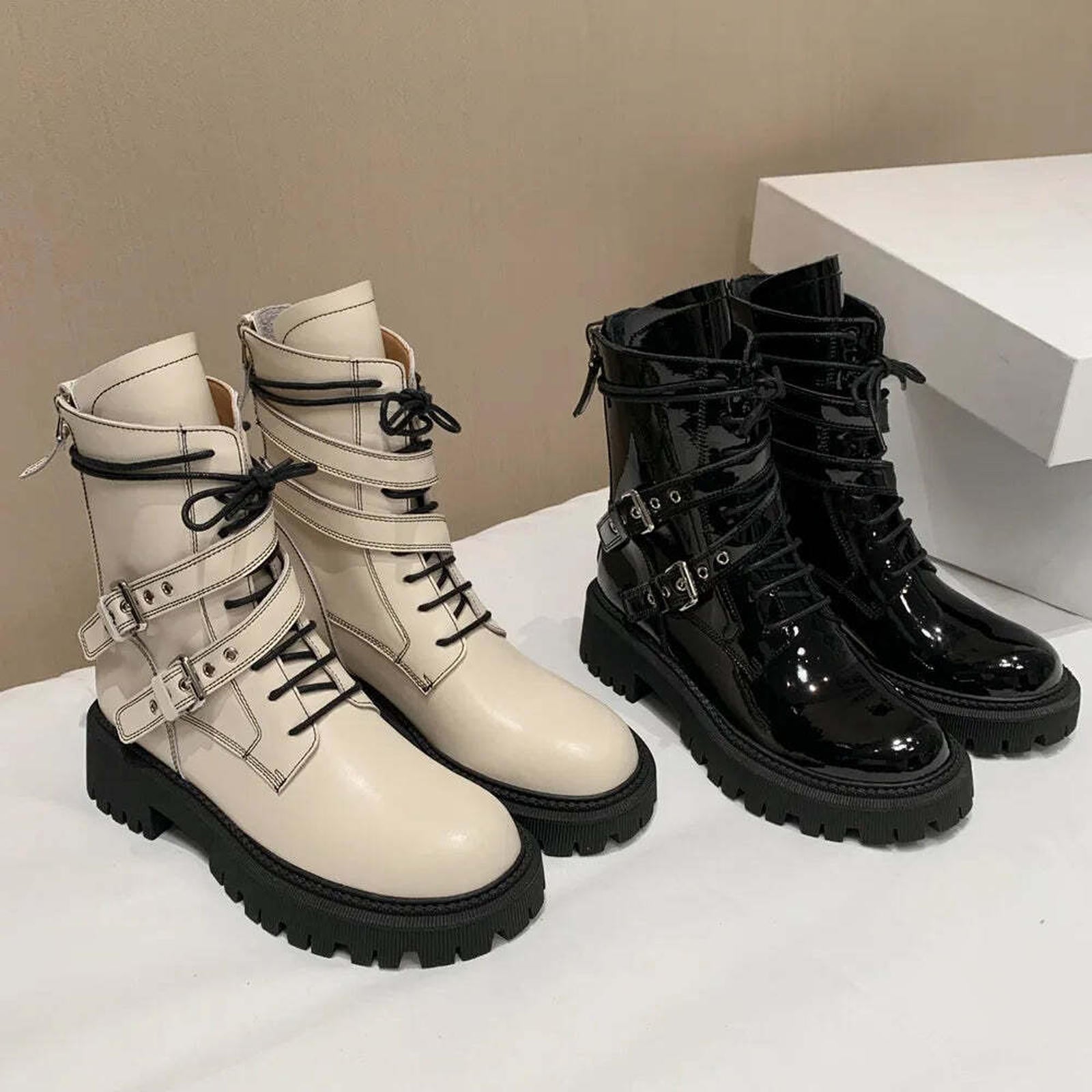 Leisure Zipper Women Ankle Boots Cross-Tied Genuine Leather Buckle Shoes Woman Autumn Winter New Casual Motorcycle Boots