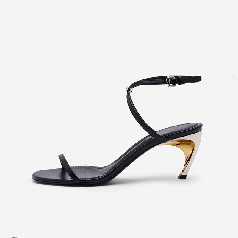 Round toe open toe shaped heel genuine leather sandals with European and American style belt buckle