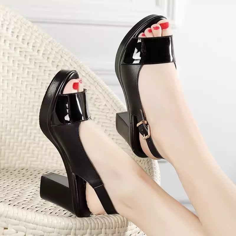 Summer Genuine Leather Roman Sandals for Women with Chunky Heel Color Block High Heel Thick Sole Waterproof Platform Outdoor Slippers