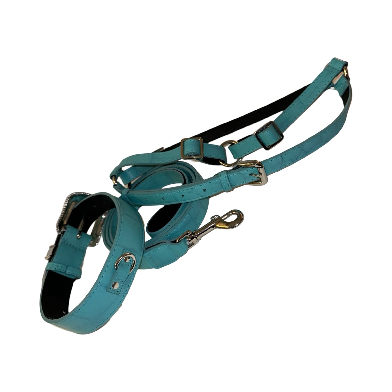 The Tiffany Collection. Gorgeous Turquoise Blue Embossed Croc Italian Leather Collar, Leash & Harness Set, With Our Custom Swarovski Crystal Hardware