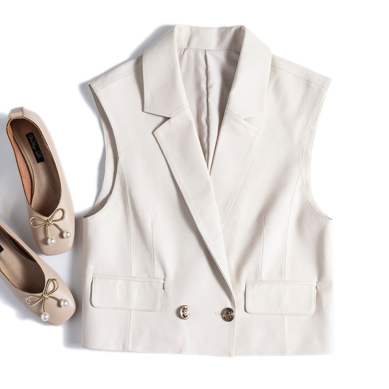 French Fashion Genuine Leather Vest For Women Female Loose Sleeveless Jacket Soft Chic Gilet Short Suit