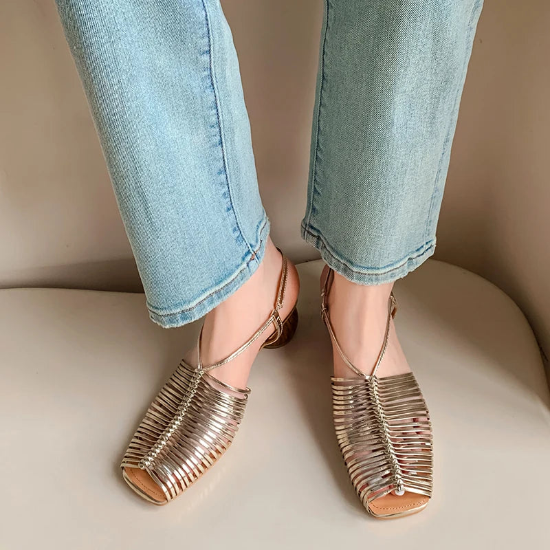 Women Sandals Sweet High Heels Fashion Genuine Leather Ankle Strap Narrow Band Office Party Shoes Woman New Women Sandals