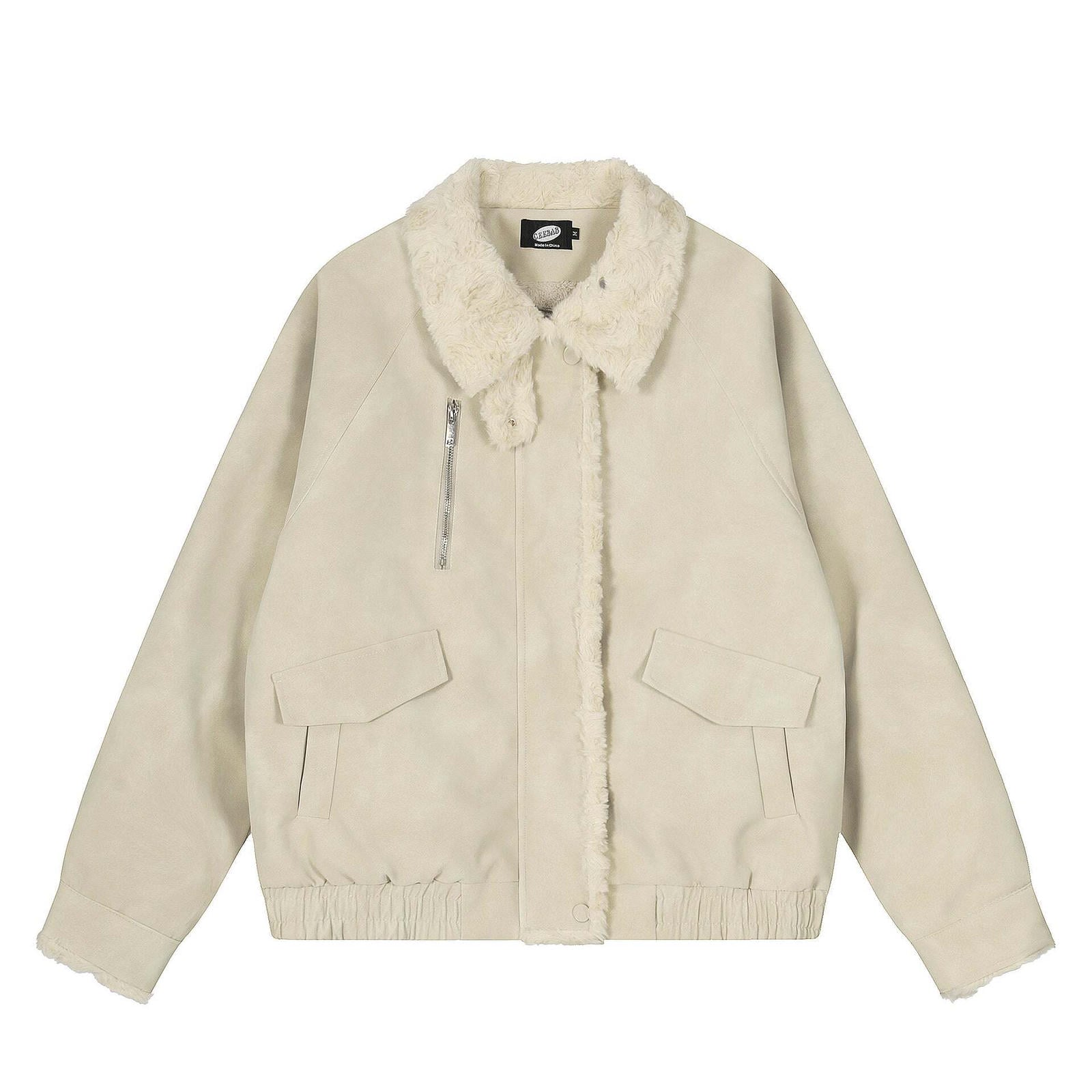 Solid Color Fleece Lined Cotton Coat with Fur Collar PU Jacket