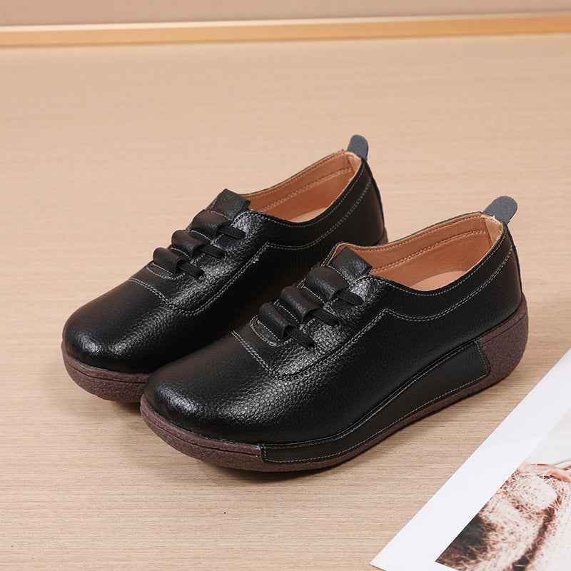 Large Size Sports Shoes for Women, Korean Version Thick Sole Rocking Shoes for Women, Genuine Leather Slip-On Wedge Heel Casual Mother Shoes