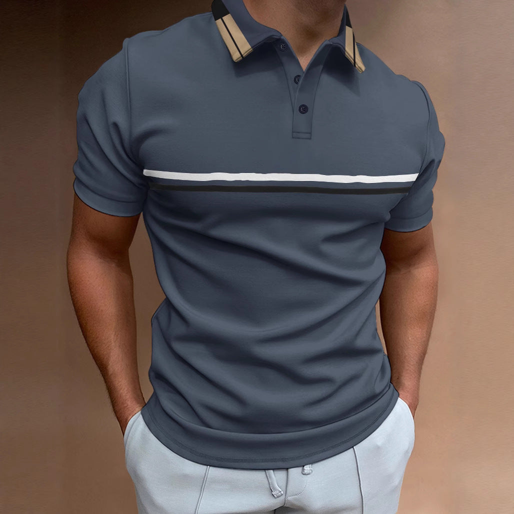Polo shirt button up striped men's sports polo shirt with threaded collar top
