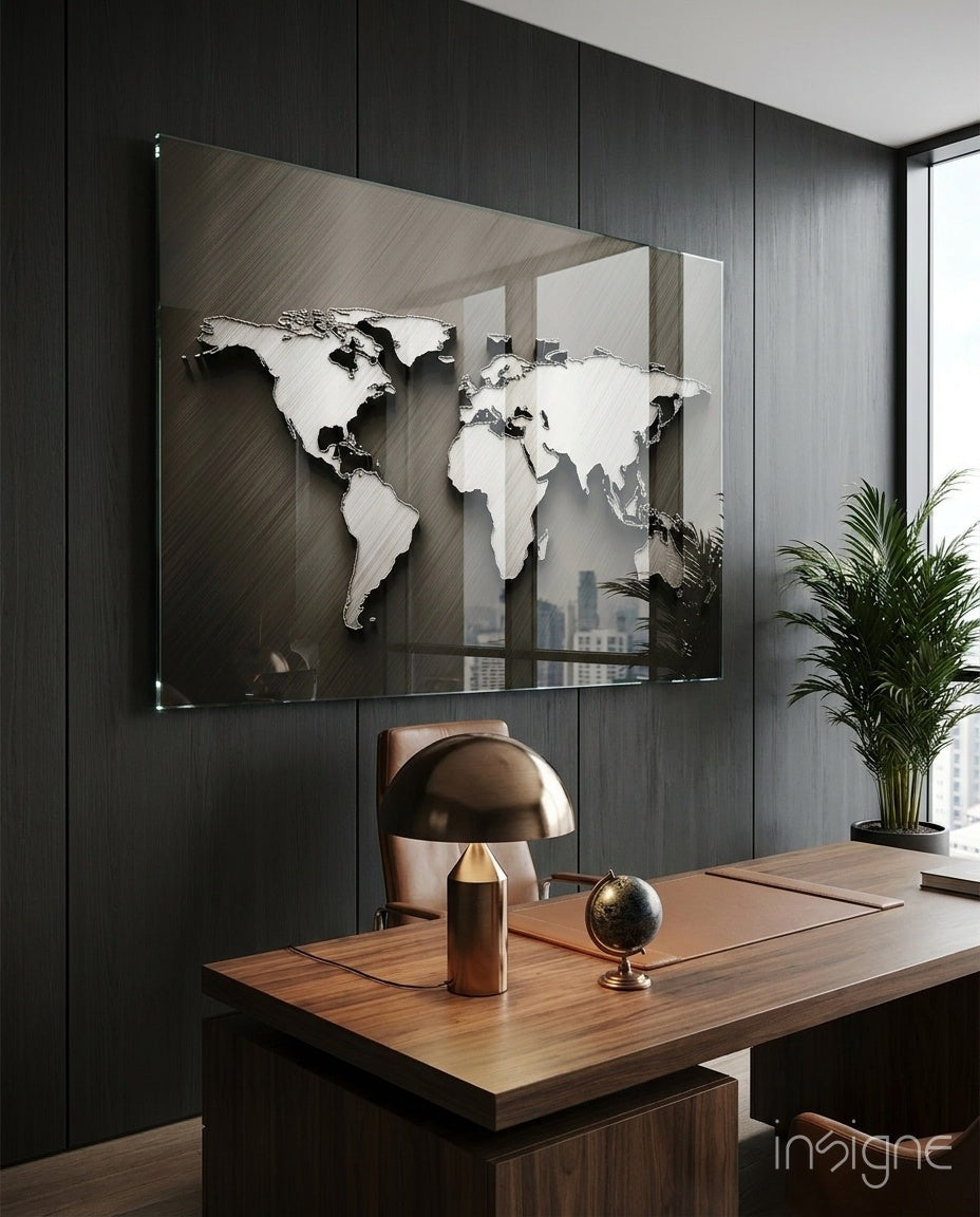 Chrome Relief World Map Glass Wall Art