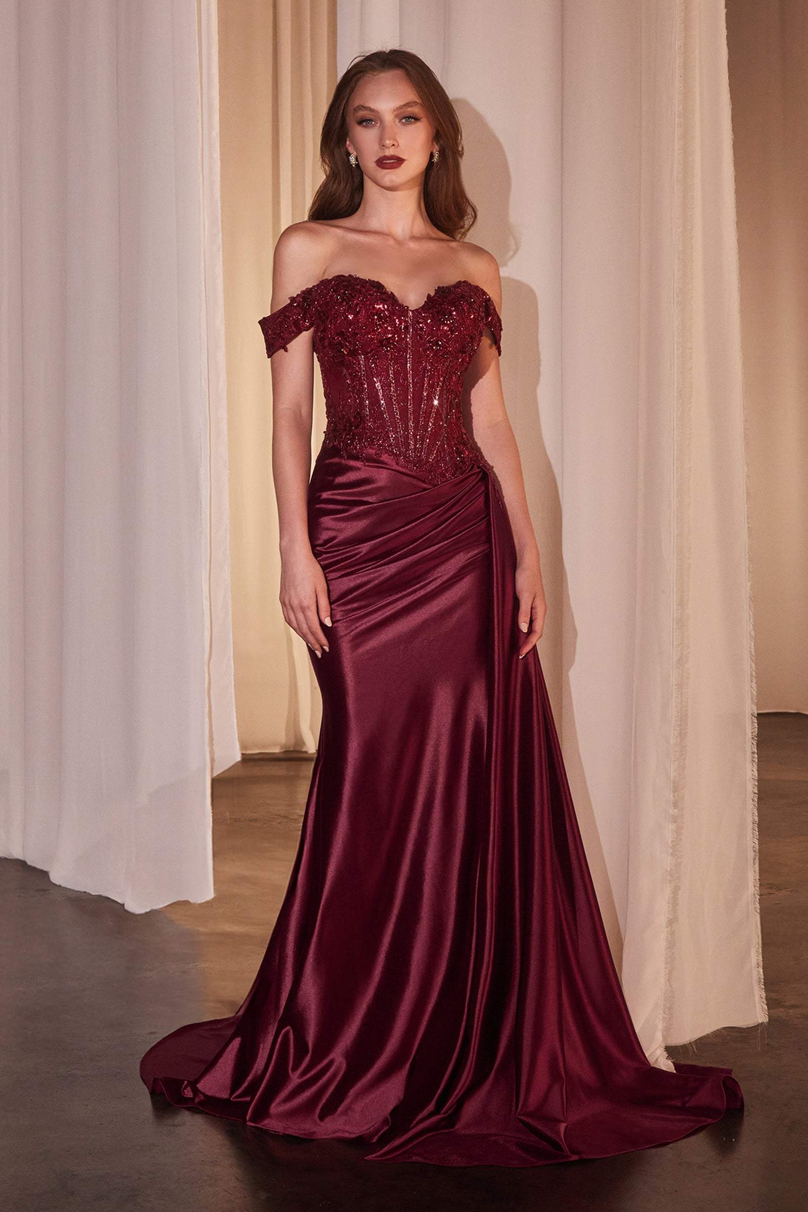 CLEARANCE - Ladivine CD803 Off The Shoulder Lace & Satin Fitted Gown (Size 12)