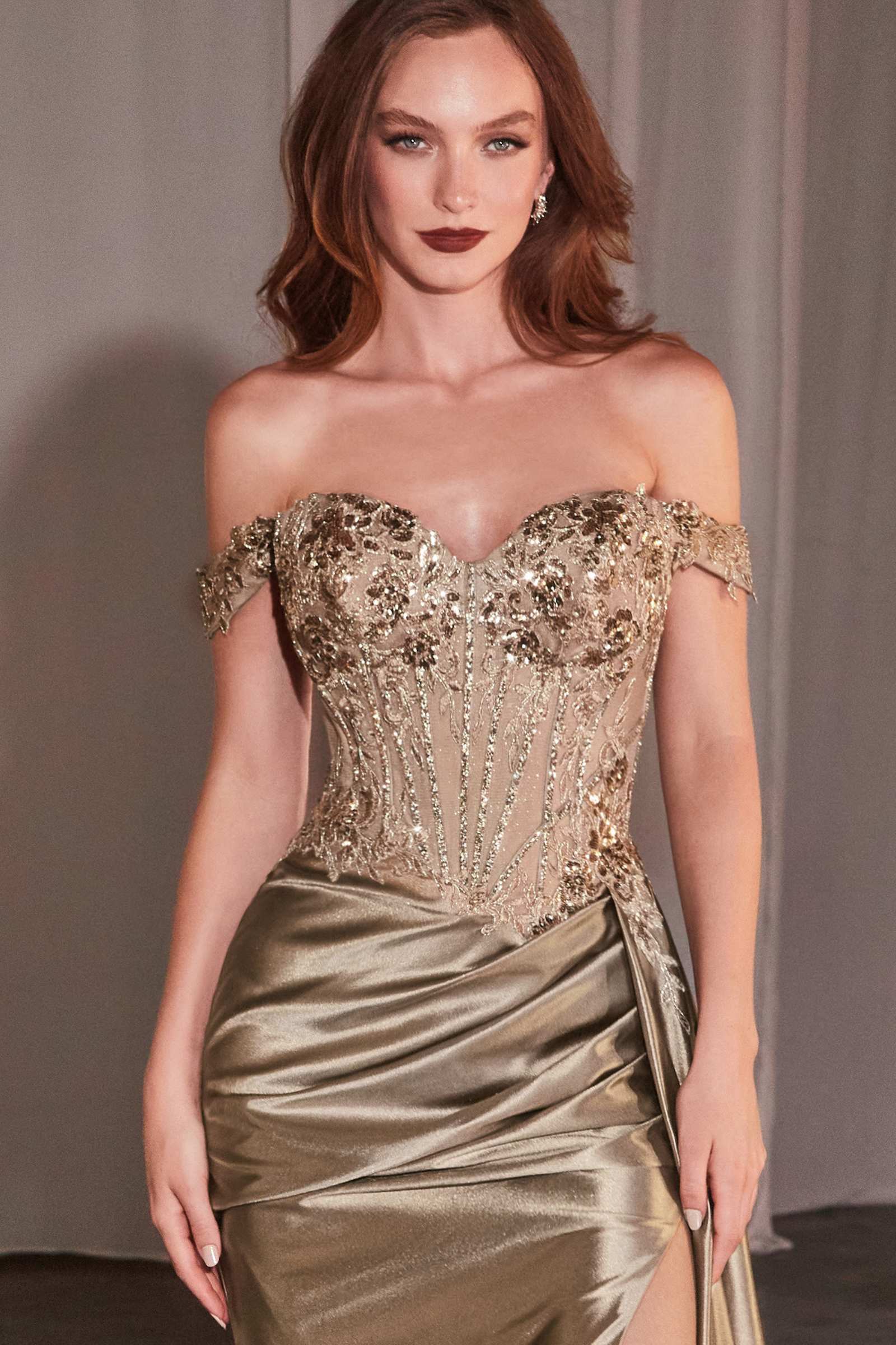 CLEARANCE - Ladivine CD803 Off The Shoulder Lace & Satin Fitted Gown (Size 12)