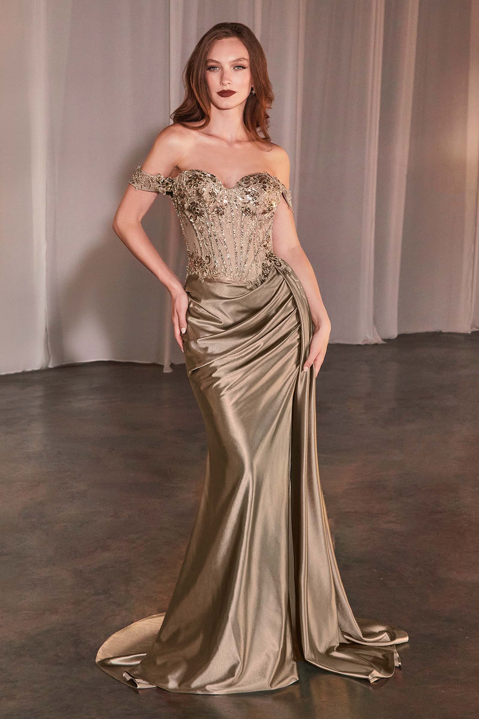 CLEARANCE - Ladivine CD803 Off The Shoulder Lace & Satin Fitted Gown (Size 12)