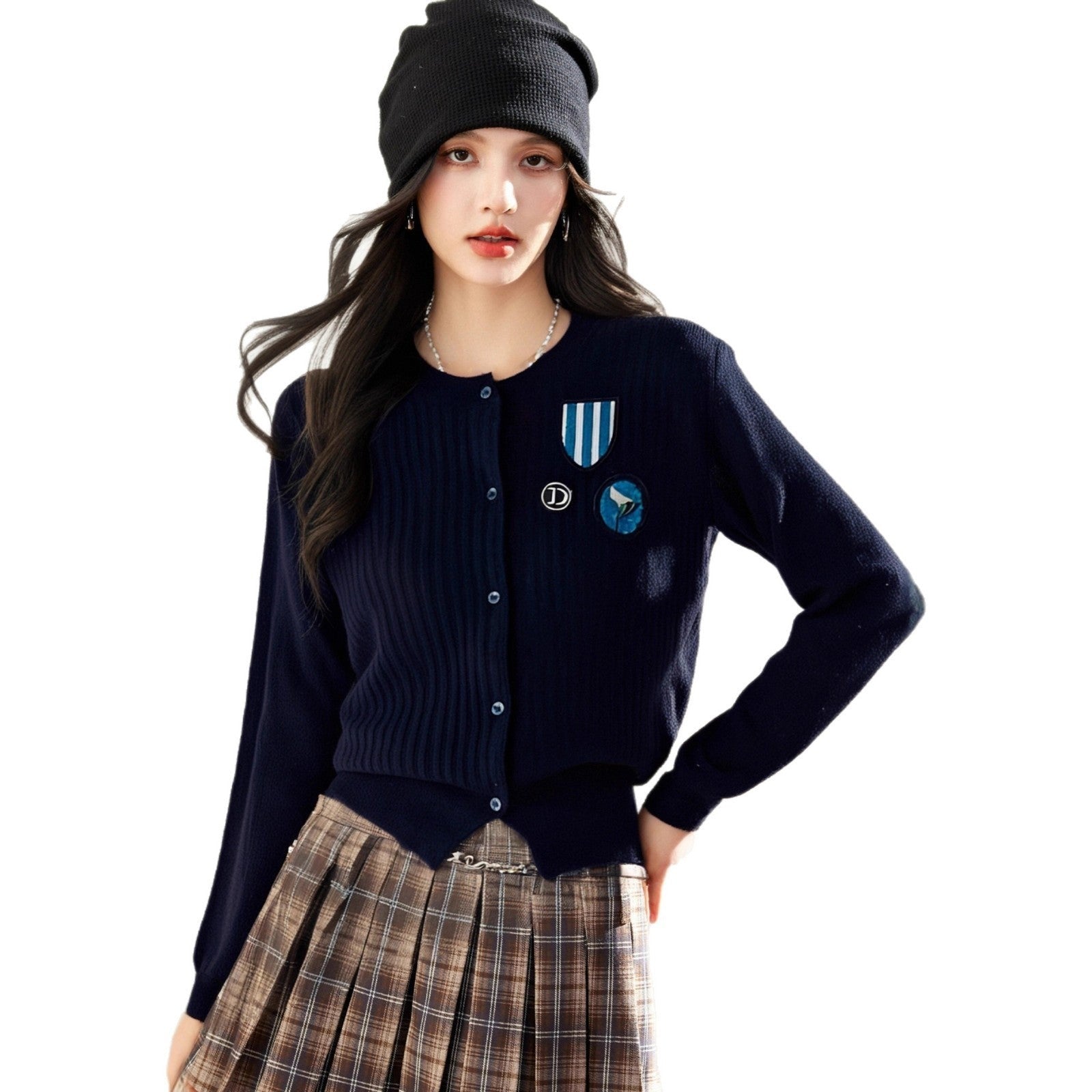 Chic Knit Cardigan with Badge Stripe Pattern, Short Length, Academic Style, Cashmere-Like Feel, Autumn/Winter Outerwear