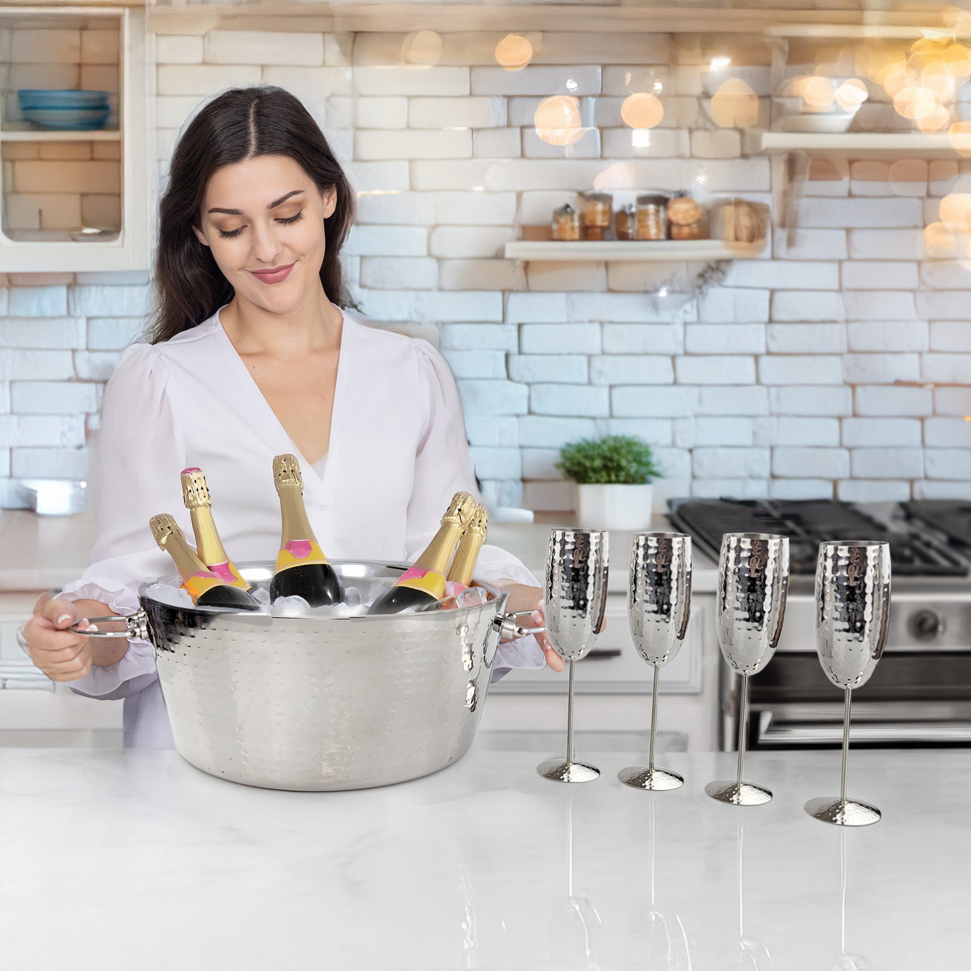 Cheers Champagne Ice Bucket Gift Set with 4 Stainless Steel Flutes – Insulated 3 Gallon Wine & Champagne Chiller | BREKX