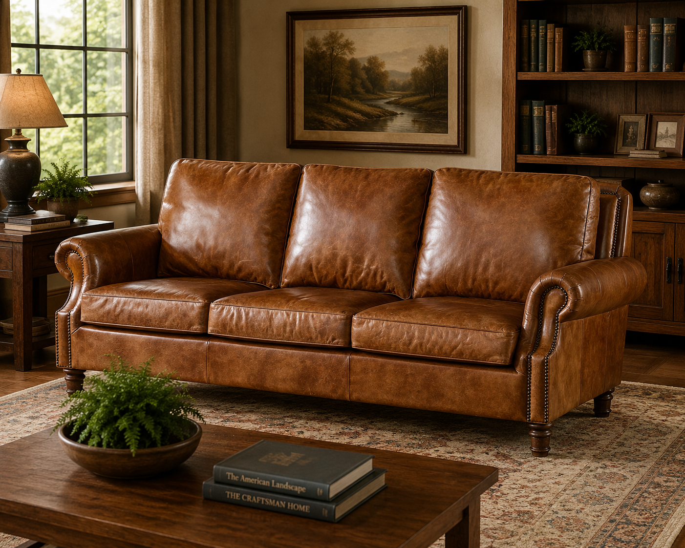 English Rolled Arm Sofa - Light Brown Leather