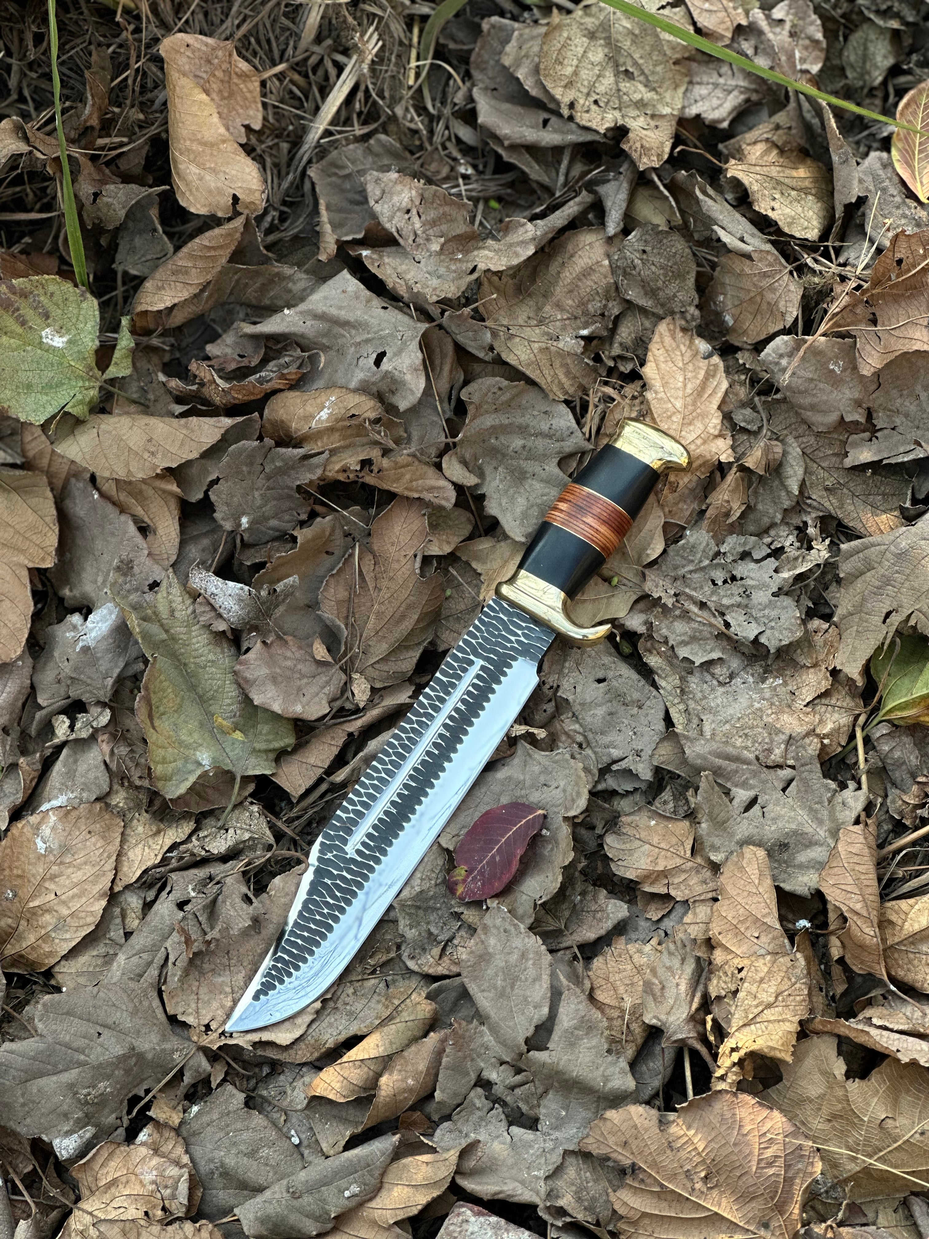 Handmade J2 Steel Bowie Crocodile Dundee Knife with Brass Guard, Leather & Buffalo Horn Handle – 16" | Includes Leather Sheath