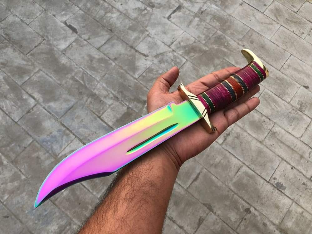 Custom Handmade 15" D2 Titanium Steel Bowie Knife with Brass Guard & Pakkawood Handle – Includes Leather Sheath