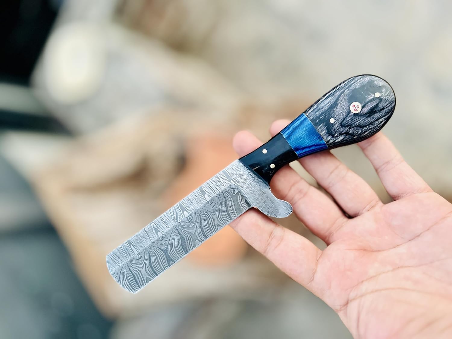 Custom Handmade Bull Cutter Knife – Damascus Steel with Resin & Pakka Wood Handle