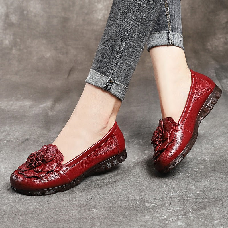 Genuine leather flat bottomed soft sole anti slip sleeve shoes Dance flower women's shoes