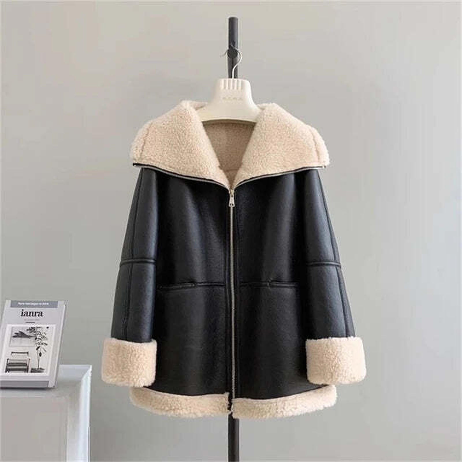 Autumn and winter New women's Cashmere collar composite leather jacket y2k high Quality ComfortableWarm Casual HighCollar Jacket