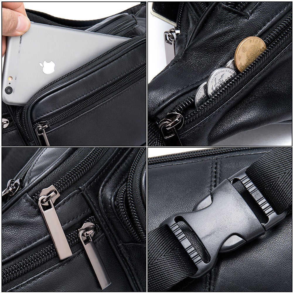 Sheepskin men's bag, sheepskin mobile phone waist bag, genuine leather crossbody bag, multifunctional sports